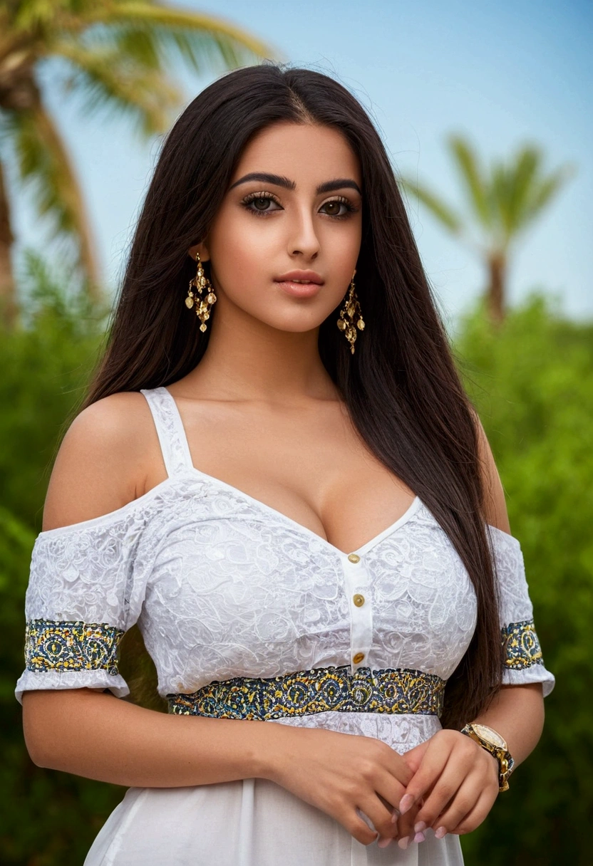 21 year old woman arabian with square hair, beautiful face, huge breast, casual summer outfit