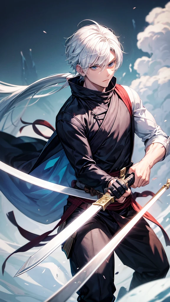 I want you to make a young hero with white hair, that is toned, His clothes look like a ninja and his weapon is a bow.