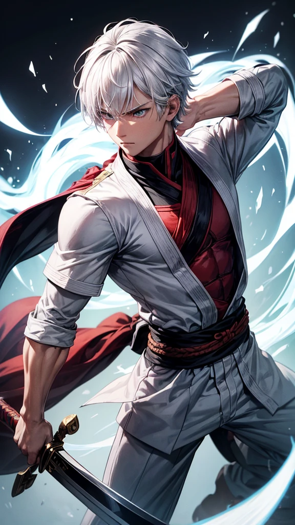 I want you to make a young hero with white hair, that is toned, His clothes look like a ninja and his weapon is a bow.