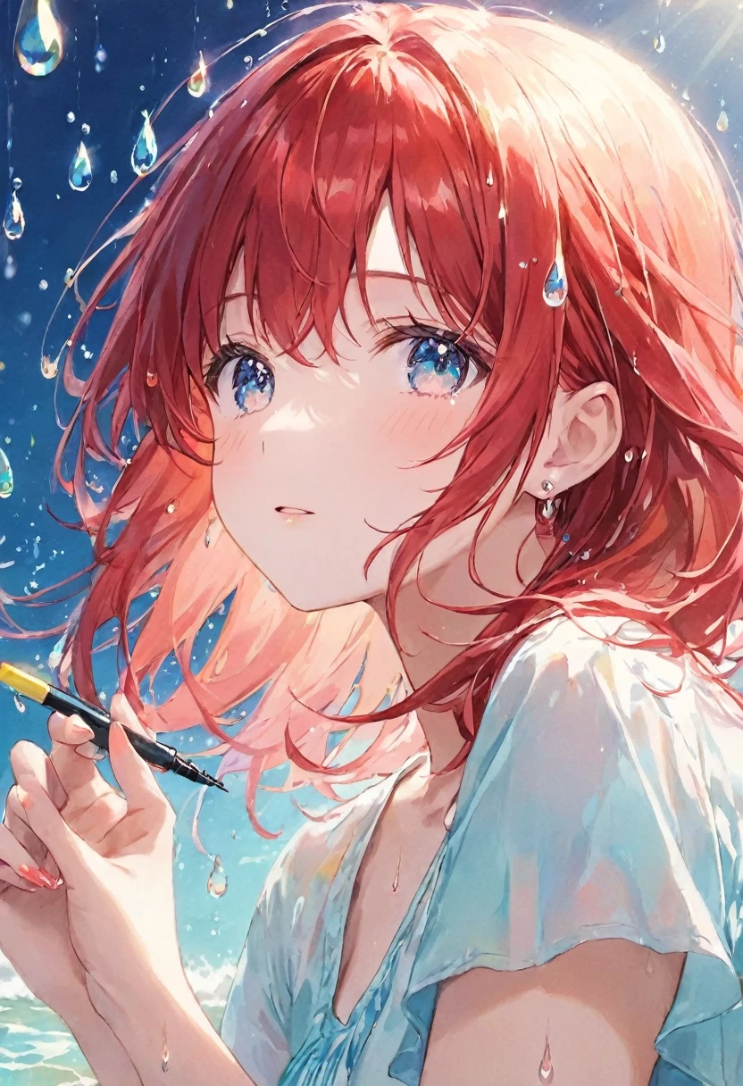 girl, Bright design, pastel colour, Drops of ink, Summer ligth、Red hair color、