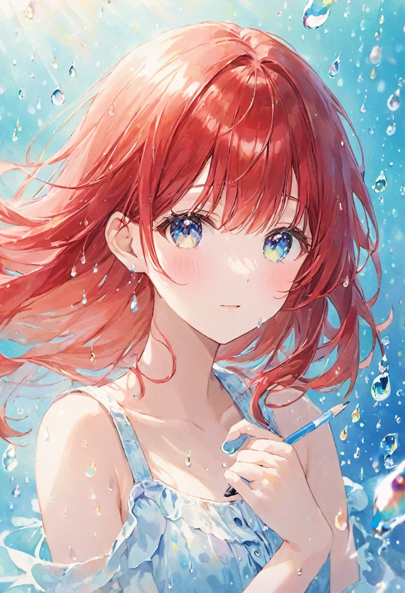 girl, Bright design, pastel colour, Drops of ink, Summer ligth、Red hair color、


