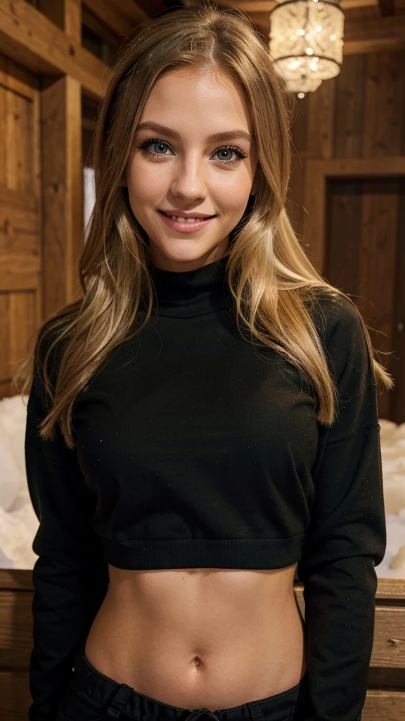 Lily Bowman), posing, modeling stand in the ski resort , with black casual outfit design, sexy smile, best quality, blur night background with Green Eyes, , Ultra Realistic, Meticulously Detailed, Portrait, Blonde Hair and Big Eyes, Selfie of a Young Woman, Green Eyes, No Makeup, Natural Makeup, Looking Directly at the Camera, face artgram, subtle make-up, Impressive photo, stand, with sexy smile, Medium and large size chest, allowing the face to be seen clearly ski resort snow.