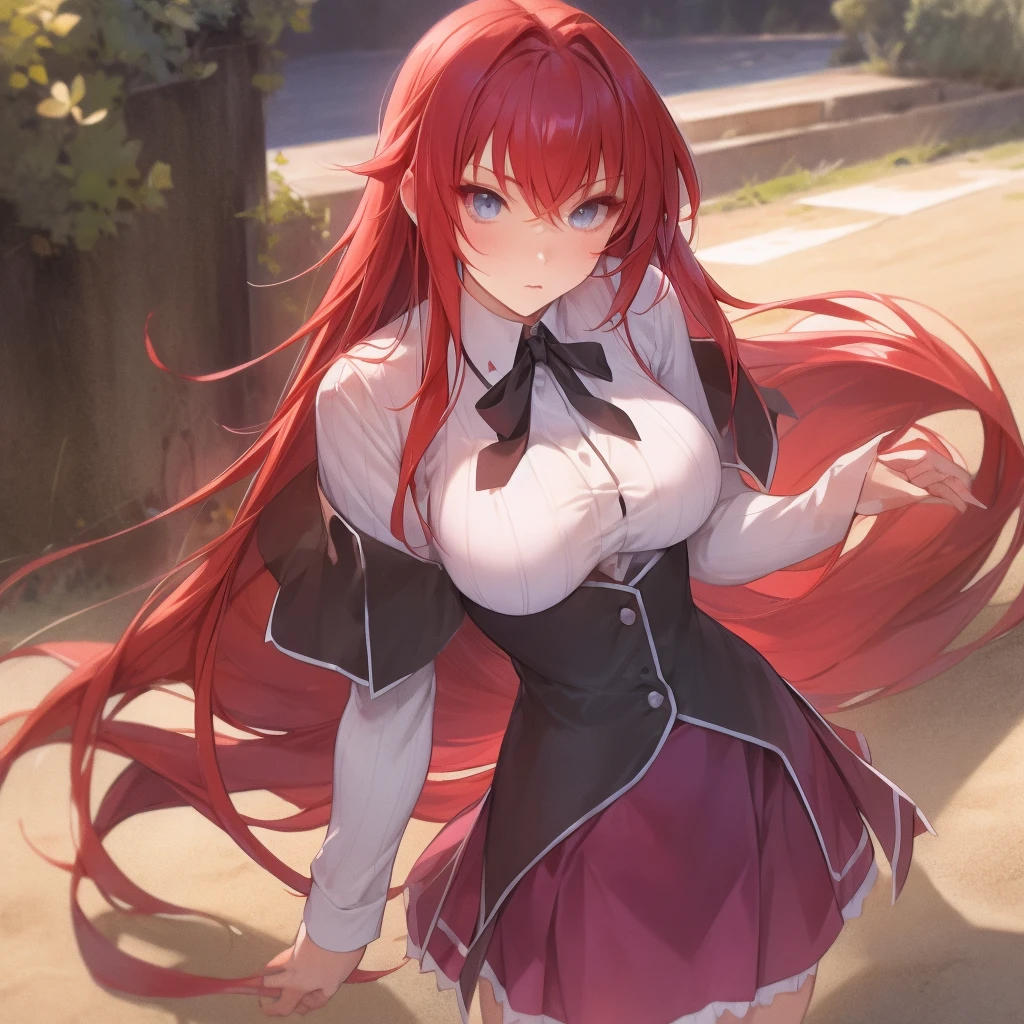 masterpiece, best quality, high quality, highres, outdoors, day, upper body, looking at viewer, solo, focused, BREAK, ANIME_DxD_Rias_Gremory_ownwaifu, 1girl, bangs, long hair, red hair, breasts, large breasts, rias gremory, blue eyes, hair between eyes, very long hair, collarbone, hair intakes, hair over breasts, black capelet, black corset, collared shirt, kuoh academy , layered skirt, underbust, , skirt, shirt, long sleeves, purple skirt, ribbon, miniskirt, neck ribbon, thighhighs, black ribbon, ecchi
