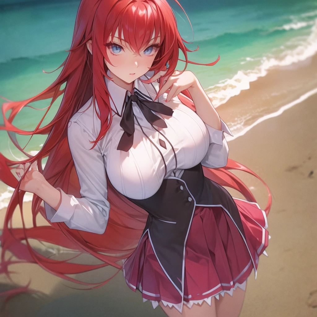 masterpiece, best quality, high quality, highres, outdoors, day, upper body, looking at viewer, solo, focused, BREAK, ANIME_DxD_Rias_Gremory_ownwaifu, 1girl, bangs, long hair, red hair, breasts, large breasts, rias gremory, blue eyes, hair between eyes, very long hair, collarbone, hair intakes, hair over breasts, black capelet, black corset, collared shirt, kuoh academy , layered skirt, underbust, , skirt, shirt, long sleeves, purple skirt, ribbon, miniskirt, neck ribbon, thighhighs, black ribbon, ecchi
