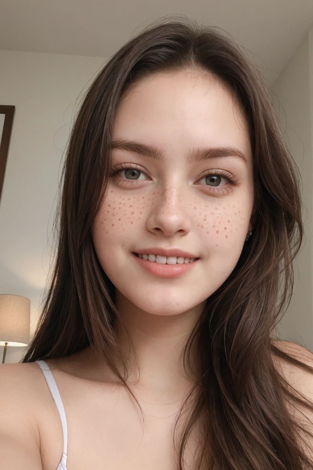 18 ans, fille, very detailed face, big natural tits, Longhaire, seductive smile, freckled