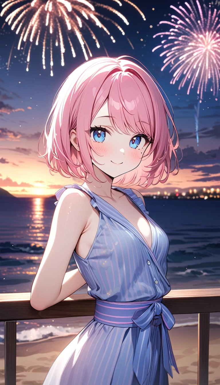 (1 girl),(Best Picture Quality, 8K, Masterpiece:1.3), (high school student:1.5), ((pink lob hair:1.1)), (bob cut),(swept bangs), (cute eyes, pupil black, iris skyblue, youthful face), (mole under right eye), (standard weight), (small breasts), (glistening skin:1.1),(pale skin:1.2),(pink yukata),(fireworks:1.2),((cute fashion)),((summer scene:1.2)),(magnificent view),(overlooking),(Smile).