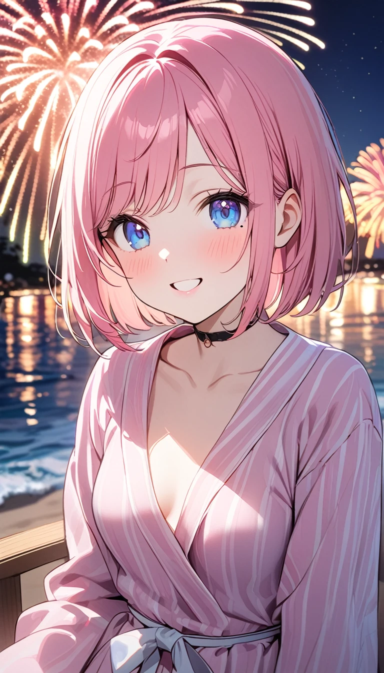 (1 girl),(Best Picture Quality, 8K, Masterpiece:1.3), (high school student:1.5), ((pink lob hair:1.1)), (bob cut),(swept bangs), (cute eyes, pupil black, iris skyblue, youthful face), (mole under right eye), (standard weight), (small breasts), (glistening skin:1.1),(pale skin:1.2),(pink yukata),(fireworks:1.2),((cute fashion)),((summer scene:1.2)),(magnificent view),(overlooking),(Smile).