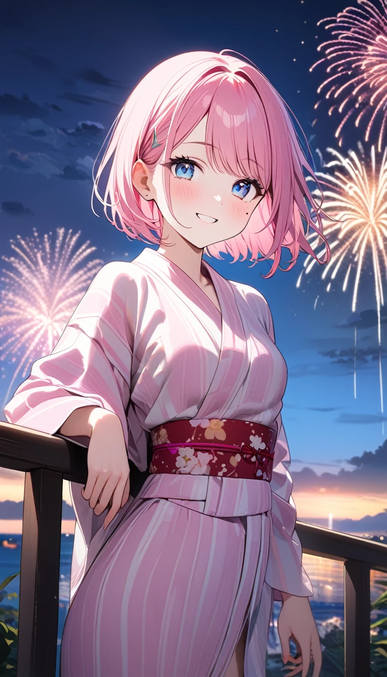 (1 girl),(Best Picture Quality, 8K, Masterpiece:1.3), (high school student:1.5), ((pink lob hair:1.1)), (bob cut),(swept bangs), (cute eyes, pupil black, iris skyblue, youthful face), (mole under right eye), (standard weight), (small breasts), (glistening skin:1.1),(pale skin:1.2),(yukata),(fireworks:1.2),((cute fashion)),((summer scene:1.2)),(magnificent view),(overlooking),(Smile).