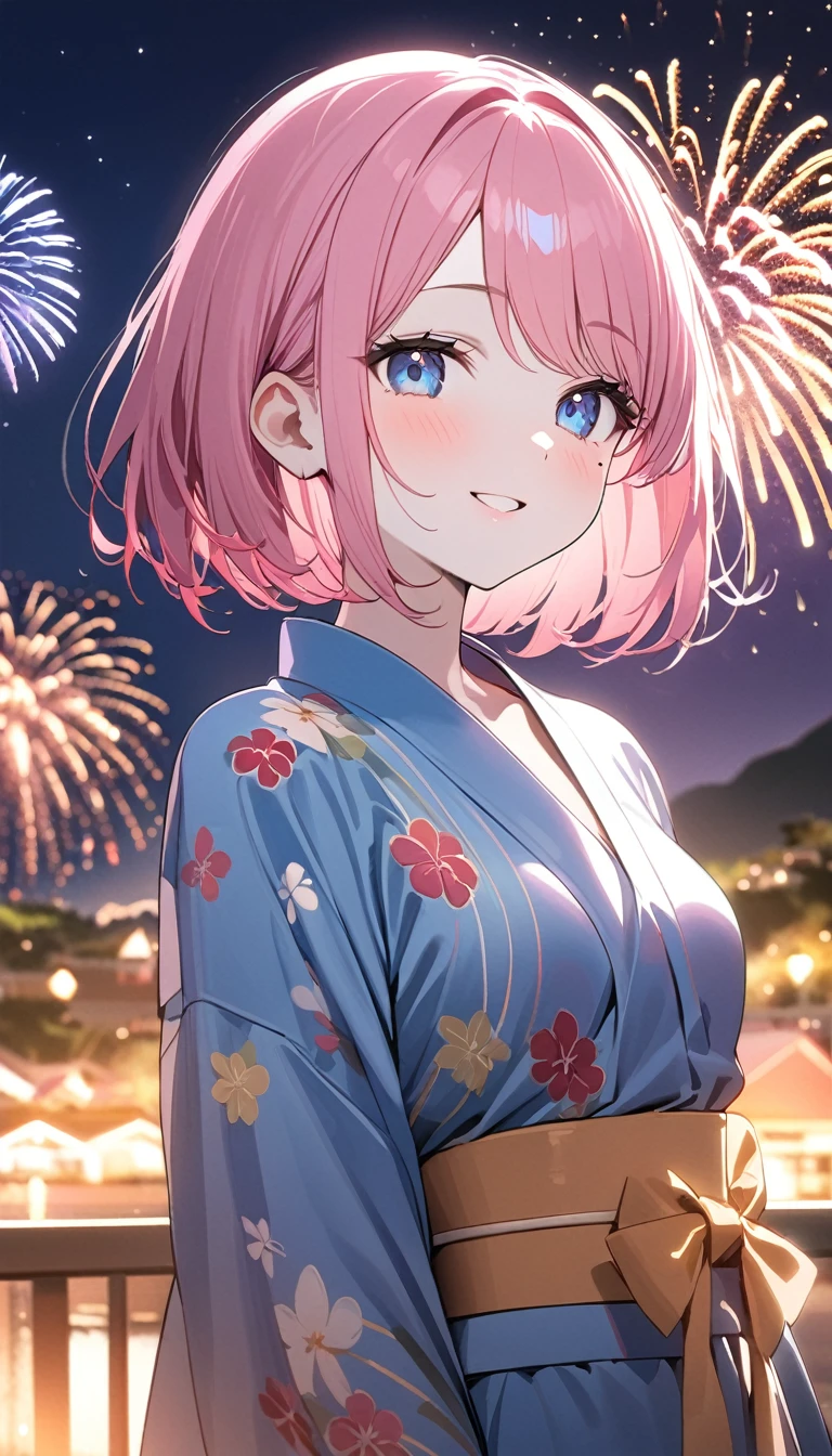 (1 girl),(Best Picture Quality, 8K, Masterpiece:1.3), (high school student:1.5), ((pink lob hair:1.1)), (bob cut),(swept bangs), (cute eyes, pupil black, iris skyblue, youthful face), (mole under right eye), (standard weight), (small breasts), (glistening skin:1.1),(pale skin:1.2),(yukata),(fireworks:1.2),((cute fashion)),((summer scene:1.2)),(magnificent view),(overlooking),(Smile).