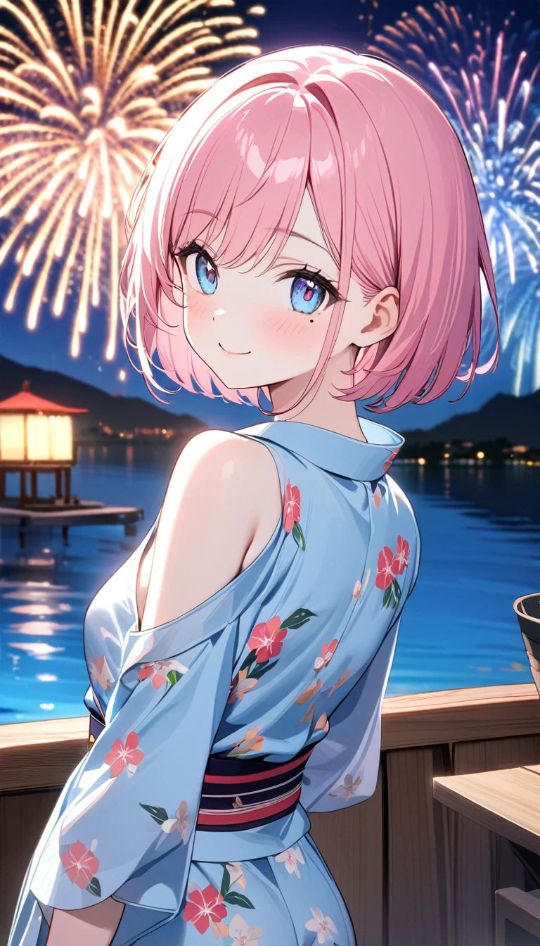 (1 girl),(Best Picture Quality, 8K, Masterpiece:1.3), (high school student:1.5), ((pink lob hair:1.1)), (bob cut),(swept bangs), (cute eyes, pupil black, iris skyblue, youthful face), (mole under right eye), (standard weight), (small breasts), (glistening skin:1.1),(pale skin:1.2),(yukata),(fireworks:1.2),((cute fashion)),((summer scene:1.2)),(magnificent view),(overlooking),(Smile).