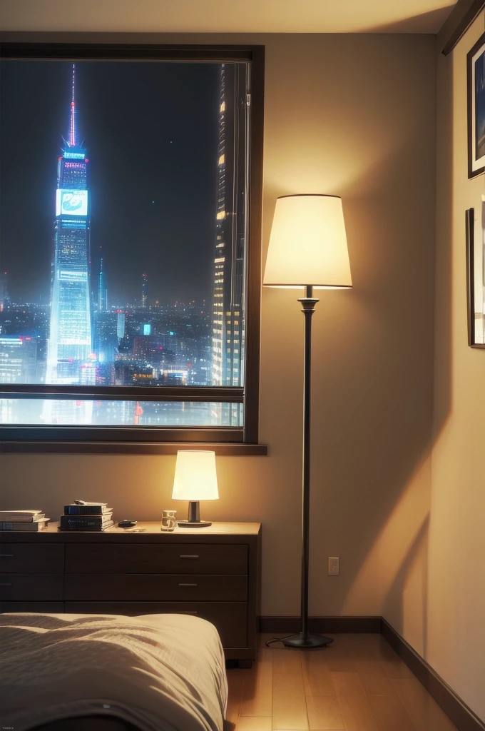 photo of a girl in a home environment, home light clothes, high detail background in the bedroom. evening tones, light from a table lamp, outside the window panorama of the night city. realistic shaded lighting poster by craig mullins, artgerm, jeremy lipkin and michael garmash, unreal engine, radiant light, detailed and intricate environment, 8k, hdr, award winning, trending on art station, smooth render, low camera angle, 50 mm