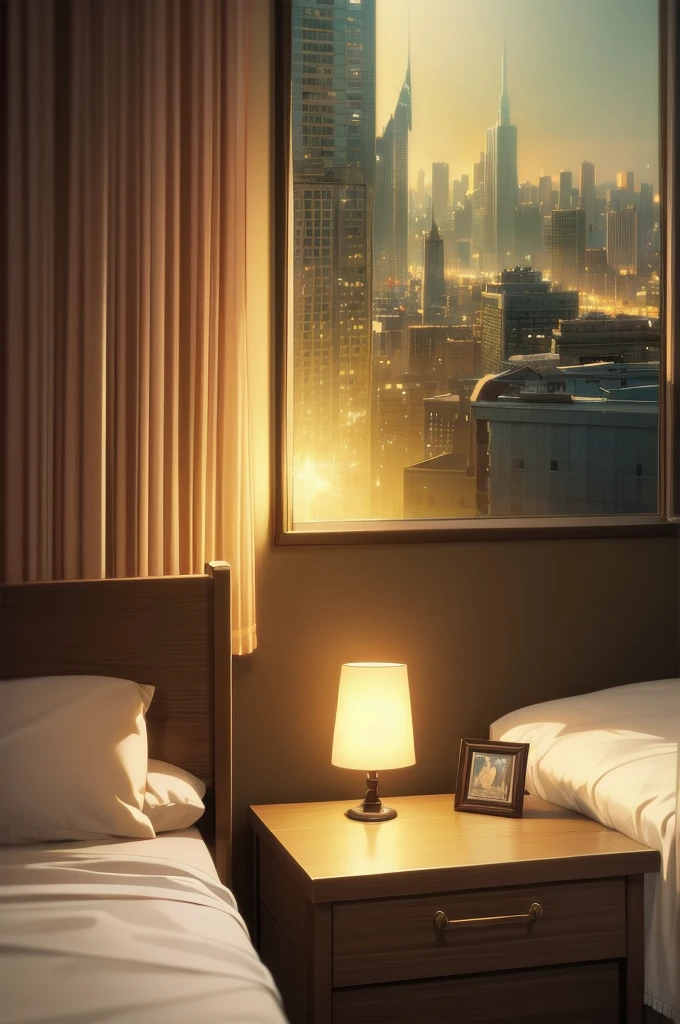 photo of a girl in a home environment, home light clothes, high detail background in the bedroom. evening tones, light from a table lamp, outside the window panorama of the night city. realistic shaded lighting poster by craig mullins, artgerm, jeremy lipkin and michael garmash, unreal engine, radiant light, detailed and intricate environment, 8k, hdr, award winning, trending on art station, smooth render, low camera angle, 50 mm