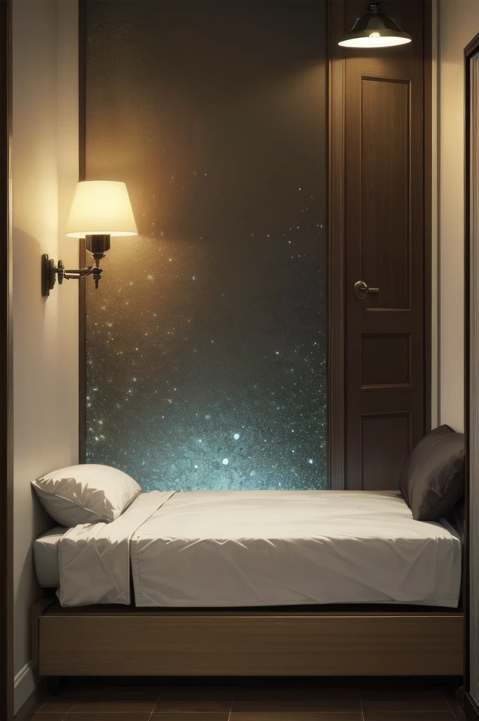 photo of a girl in a home environment, home light clothes, high detail background in the bedroom. evening tones, light from a table lamp, outside the window panorama of the night city. realistic shaded lighting poster by craig mullins, artgerm, jeremy lipkin and michael garmash, unreal engine, radiant light, detailed and intricate environment, 8k, hdr, award winning, trending on art station, smooth render, low camera angle, 50 mm