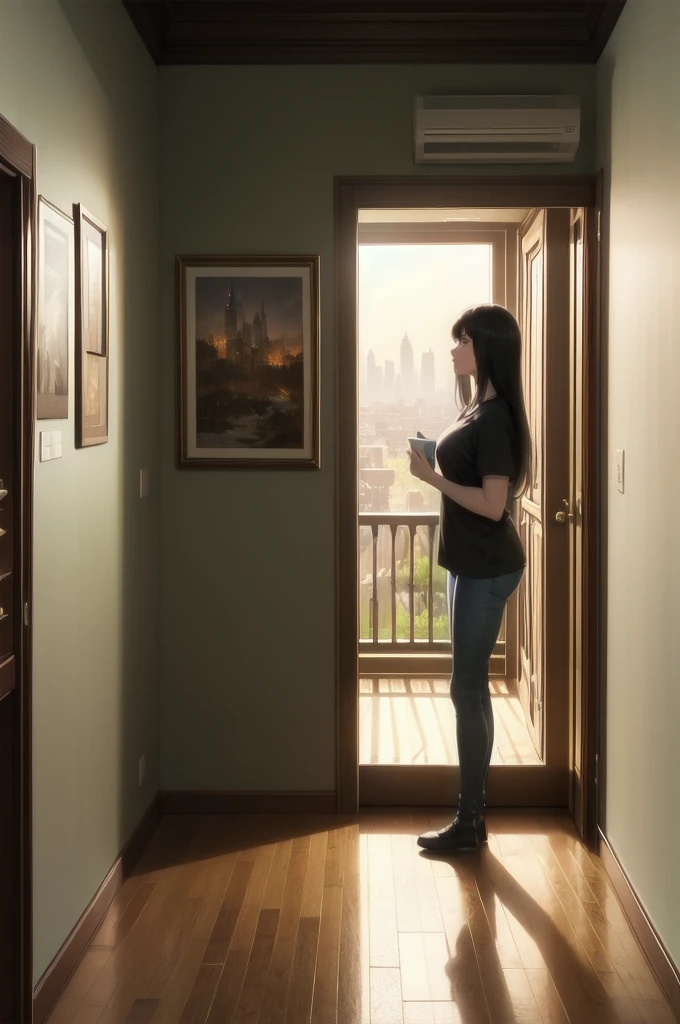 photo of a girl in a home environment, home light clothes, high detail background in the bedroom. evening tones, light from a table lamp, outside the window panorama of the night city. realistic shaded lighting poster by craig mullins, artgerm, jeremy lipkin and michael garmash, unreal engine, radiant light, detailed and intricate environment, 8k, hdr, award winning, trending on art station, smooth render, low camera angle, 50 mm