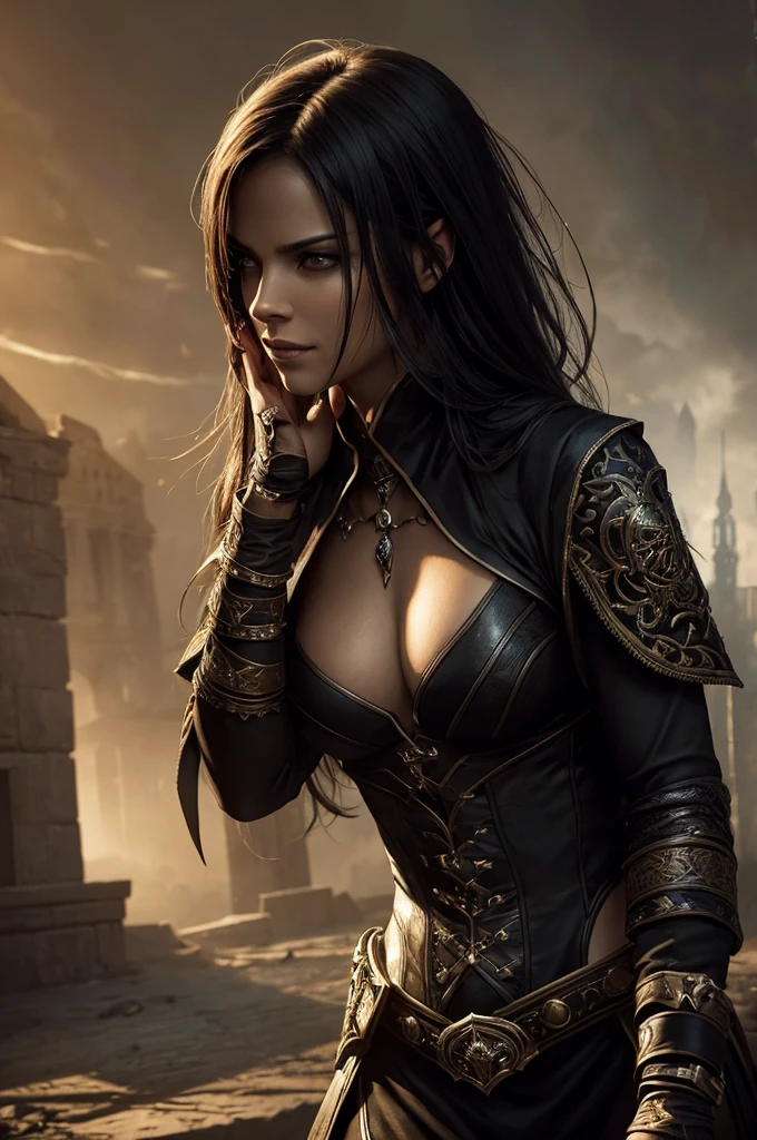 a woman assassin in a dramatic pose, killing someone, smiling, rpg style, cinematic lighting, intricate details, dark fantasy, dramatic shadows, mystical atmosphere, vibrant colors, chiaroscuro, moody, painterly, digital painting, masterpiece, cinematic, photorealistic, dramatic pose, intense expression, sinister smile, dynamic action, detailed clothing, mysterious background, atmospheric lighting, rich textures, dramatic lighting, dark and gritty, cinematic composition, realistic skin tones, high detail, intricate ornaments, striking contrast, intense atmosphere, dynamic energy, powerful presence