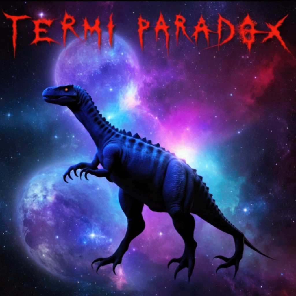 a black and purple image of a dinosaur with a long neck and long legs, extraEarth paradise, Earth paradise, cosmic fantasy and horror film, tardigrade in space, terada, Creature of cosmic terror, album artwork, album art, album cover!, profile photo 1024px, promo art, alternate album cover, por Adam Rex, album cover