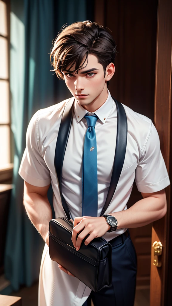 Alex is a young man in his late twenties, standing about 5'10" tall with a fit, athletic build. He has short, neatly styled brown hair, and his face is clean-shaven, giving him a professional and approachable appearance. His hazel eyes reflect a sense of urgency mixed with compassion. Alex is dressed in a crisp white dress shirt, complemented by a light blue tie, and a tailored navy blue suit that fits him perfectly, hinting at his serious approach to his career. His black leather shoes are polished to a shine, and he carries a sleek black briefcase in his right hand. A modern silver watch adorns his left wrist, adding a touch of sophistication to his ensemble. As he approaches the elderly woman, his expression softens, showing his readiness to help.extremely detailed, 8K, high resolution, photorealistic, high quality, realistic, detailed facial features, beautiful detailed eyes, beautiful detailed lips, extremely detailed face, long eyelashes, glowing skin
