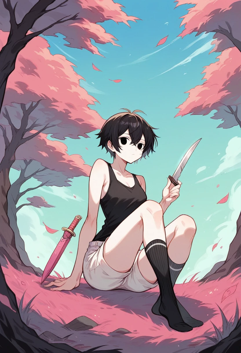 girl with long black hair, black eyes, emotionless face, straight body, wearing a black tank top, white shorts with black stripes, and long black socks and very white skin holding a knife on a background of pink grass, purple sky, and trees with pink trunks, sea green leaves