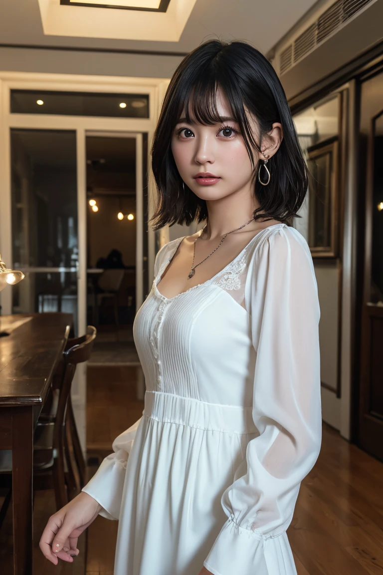 (Highest quality:1.4)，(masterpiece:1.4)，(Realistic:1.4)，(Realistic:1.2)，(超High resolution， RAW Photos:1.4)，(High resolution， Ultra-detailed:1.2)，(8k:1.2)，View your viewers，Cinematic photography，One girl，skeletally correct，Black-haired woman，(Small earrings，necklace，White Dress，Long dress，race， Frills， Long sleeve，Beautiful body lines，View from the front)，（Western-style building interior，Dimly lit room，The lamplight shines on my cheeks）