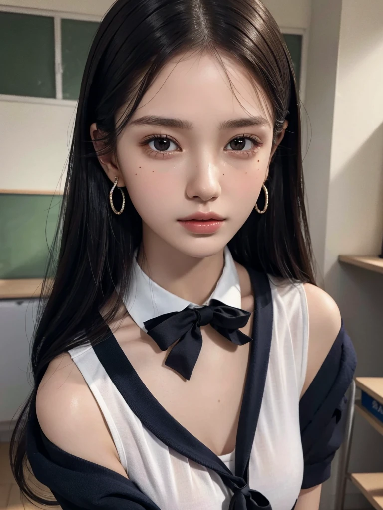 absurdres, RAW photo, extremely delicate and beautiful, masterpiece, Best Quality, ultra high resolution, 32k, hyperrealistic, ultra-detailed, perfect anatomy, super Detailed skin, perfect figure, Super Beauty, Perfect Style, Perfect balance, 20 years old, very small head, very small face, delicate facial features, detailed face, detailed eyes, tearful mole, earring, very huge round breasts, legs, medium hair, whole body shot, indoor, ((school_uniform)), blazer, wet clothes,