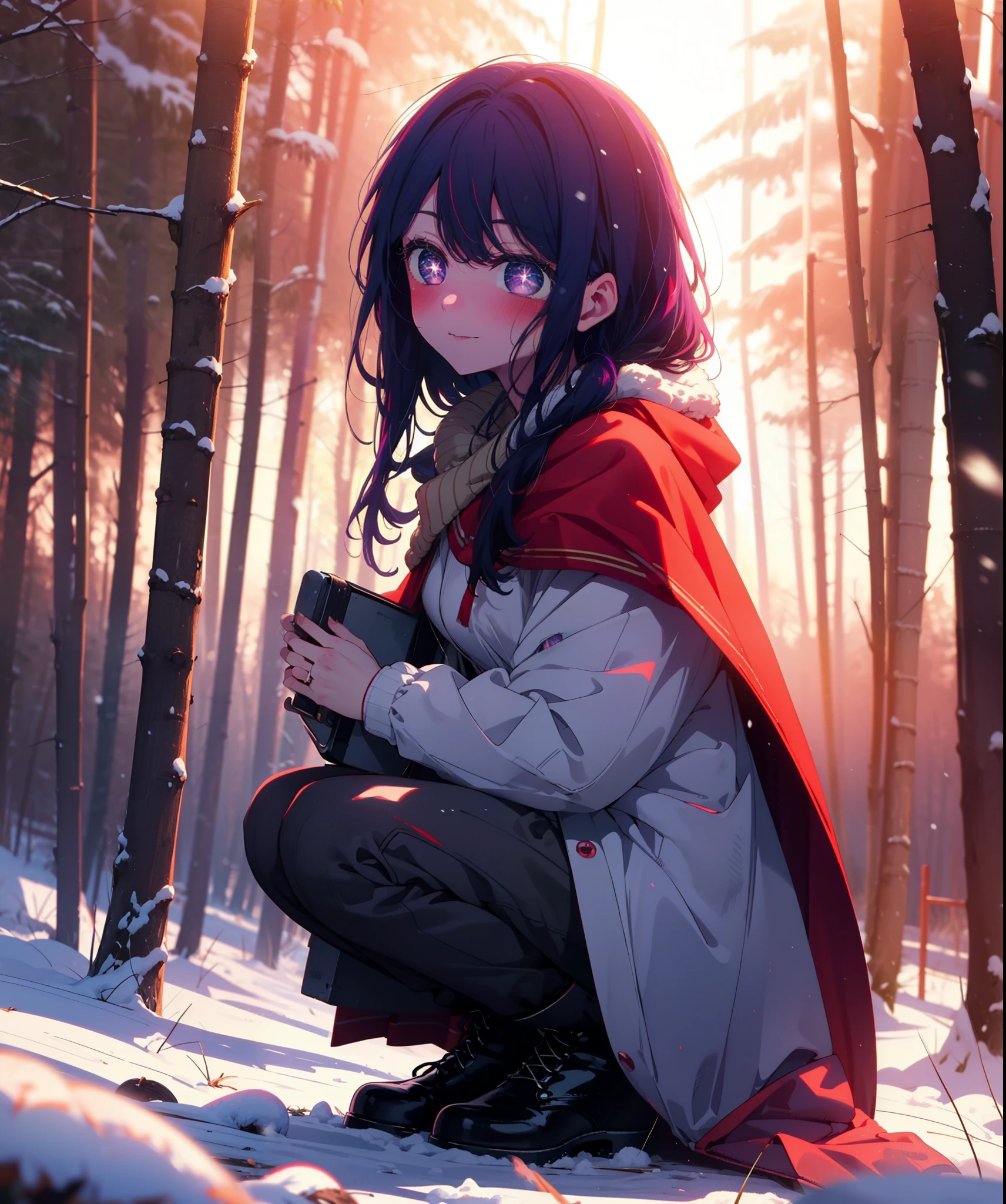 aihoshino, Ai Hoshino, Long Hair, bangs, (Purple eyes:1.1), Purple Hair, (Symbol-shaped pupil:1.5), smile,,smile,blush,white breath,
Open your mouth,snow,Ground bonfire, Outdoor, boots, snowing, From the side, wood, suitcase, Cape, Blurred, , forest, White handbag, nature, Squat, Mouth closed, Cape, winter, Written boundary depth, Black shoes, red Cape break looking at viewer, Upper Body, whole body, break Outdoor, forest, nature, break (masterpiece:1.2), Highest quality, High resolution, unity 8k wallpaper, (shape:0.8), (Beautiful and beautiful eyes:1.6), Highly detailed face, Perfect lighting, Extremely detailed CG, (Perfect hands, Perfect Anatomy),