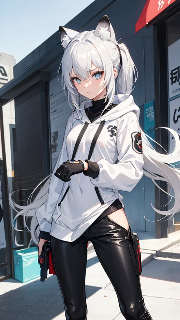 1girl, anime style, clouded leopard Demi-human, skinny body, Anime girl wearing a white hoodie, tactical bodysuit, black jeans, long silver hair, blue eyes color, detailed, 8k, high quality, RWBY