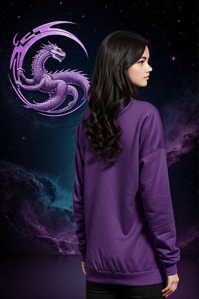 A girl with her back turned, Medium hair, dark color, purple sweatshirt, gamer background with a dragon in the background, wizard symbol