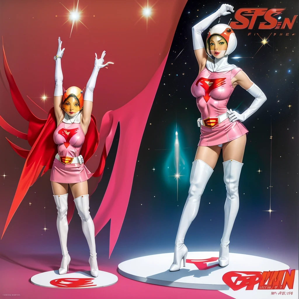 ANI_CLASSIC_jun_gatchaman_ownwaifu,1girl, 15 years old,good anatomy, masterpiece, best quality,realistic, hyperrealistic, 16k hdr,breasts,green eyes,lips,large breasts,lipstick,makeup,gloves,cape,helmet,belt,elbow gloves,white gloves,mask,ultra miniskirt,leotard,spacesuit,white tight overknee highheels boots,pink dress,superhero,bodysuit,cleavage,erected nipples,((standing pose,spread legs, arms up straight)),cameltoe