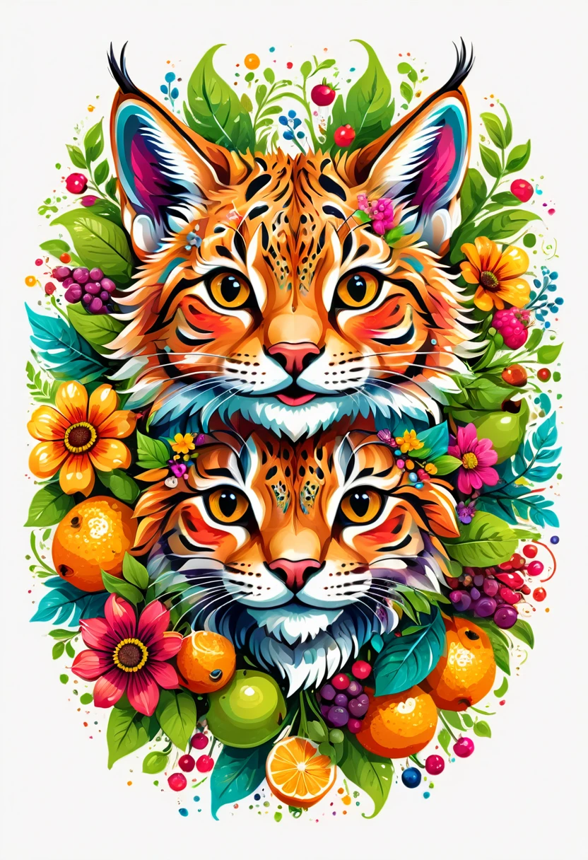  arte vetorial para  t shirt design, of a colorful illustration of a little smiling lynx, At the center, swirly vibrant colors, flowers, fruits, high détail, Transparent background, t shirt design.
(work of art, UHD quality, details in 32k, proffesional, perfect composition, very aesthetic, absurdrez, super verbose, details Intricate:1.3)