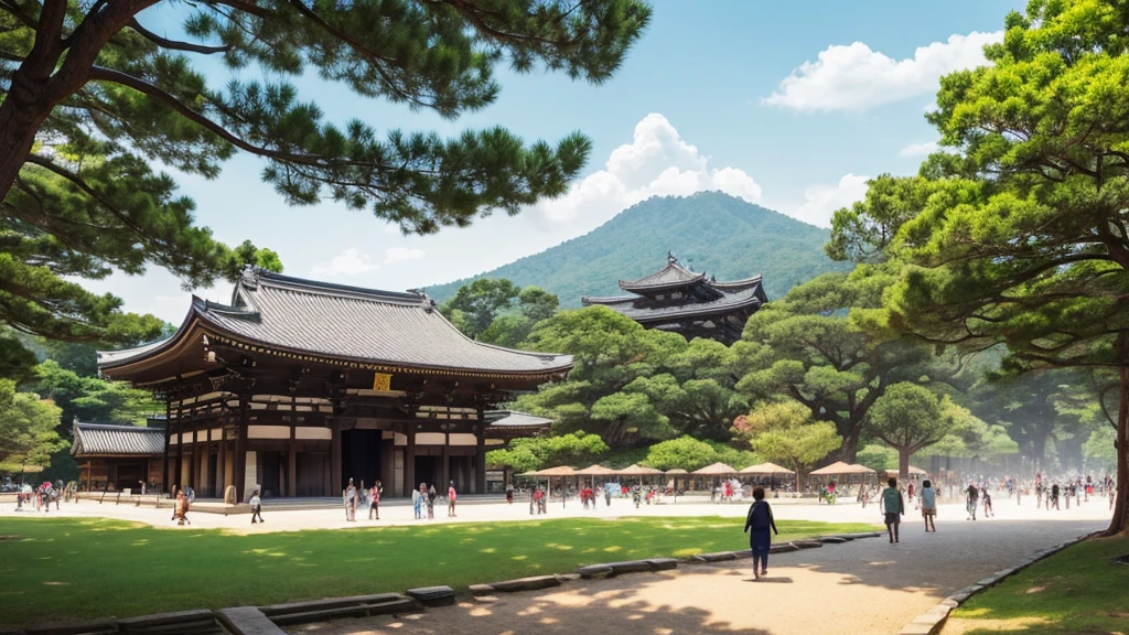 There are lots of people walking in the park, Parks and public spaces, Scenery of Nara Town, Todaiji Temple in the background,Great Buddha of Nara Simple illustration, Flat Illustration, Detailed 2D illustrations, Detailed illustrations, sunny day, Graphic Illustration