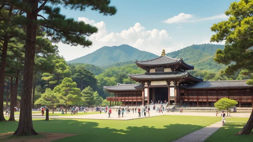There are lots of people walking in the park, Parks and public spaces, Scenery of Nara Town, Todaiji Temple in the background,Great Buddha of Nara Simple illustration, Flat Illustration, Detailed 2D illustrations, Detailed illustrations, sunny day, Graphic Illustration