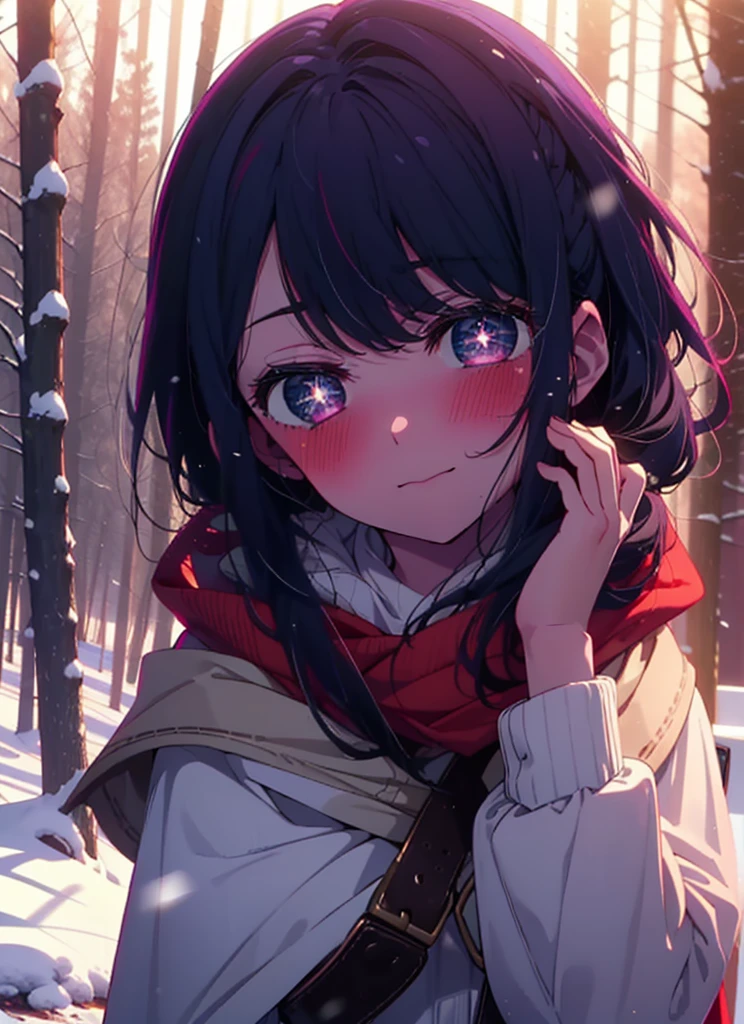 aihoshino, Ai Hoshino, Long Hair, bangs, (Purple eyes:1.1), Purple Hair, (Symbol-shaped pupil:1.5), smile,,smile,blush,white breath,
Open your mouth,snow,Ground bonfire, Outdoor, boots, snowing, From the side, wood, suitcase, Cape, Blurred, , forest, White handbag, nature, Squat, Mouth closed, Cape, winter, Written boundary depth, Black shoes, red Cape break looking at viewer, Upper Body, whole body, break Outdoor, forest, nature, break (masterpiece:1.2), Highest quality, High resolution, unity 8k wallpaper, (shape:0.8), (Beautiful and beautiful eyes:1.6), Highly detailed face, Perfect lighting, Extremely detailed CG, (Perfect hands, Perfect Anatomy),