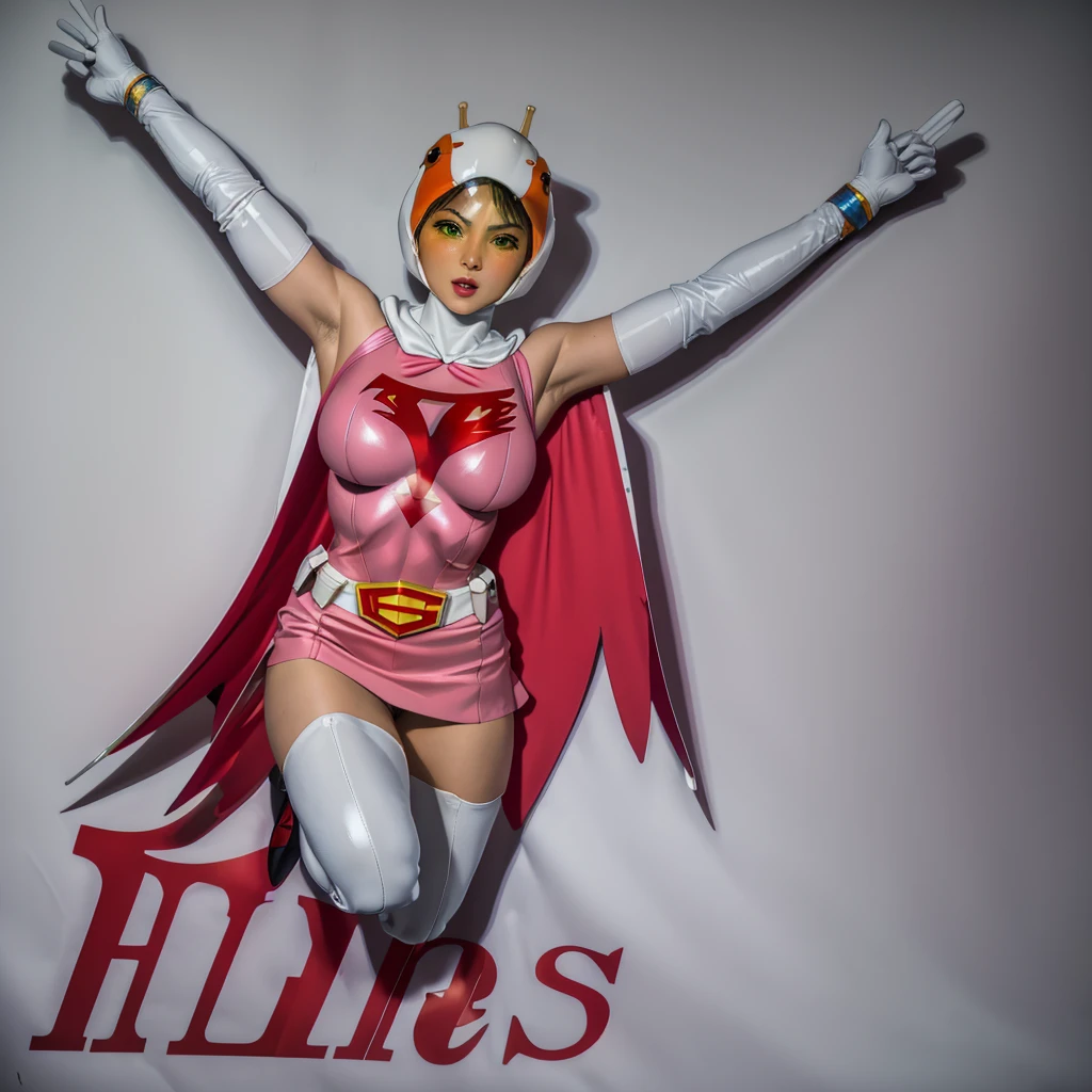 ANI_CLASSIC_jun_gatchaman_ownwaifu,1girl, ,good anatomy, masterpiece, best quality,realistic, hyperrealistic, 16k hdr,breasts,green eyes,lips,large breasts,lipstick,makeup,gloves,cape,helmet,belt,elbow gloves,white gloves,mask,ultra miniskirt,leotard,spacesuit,white tight overknee highheels boots,pink dress,superhero,bodysuit,cleavage,erected nipples,((jumping poses,arms up straight)),cameltoe