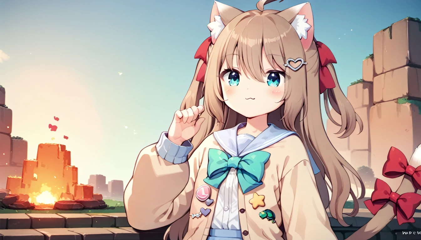 neuro_cloth,One,shirt,closed mouth,heart,cat girl,sleeves above the wrists,:3,I look at the viewer,blush,Very long hair,puffy long sleeves,smile,puffy sleeves,hand up,sunset,on open air,fire,check_9,check_8_up,check_7_up,check_6_up,check_5_up,check_4_up,