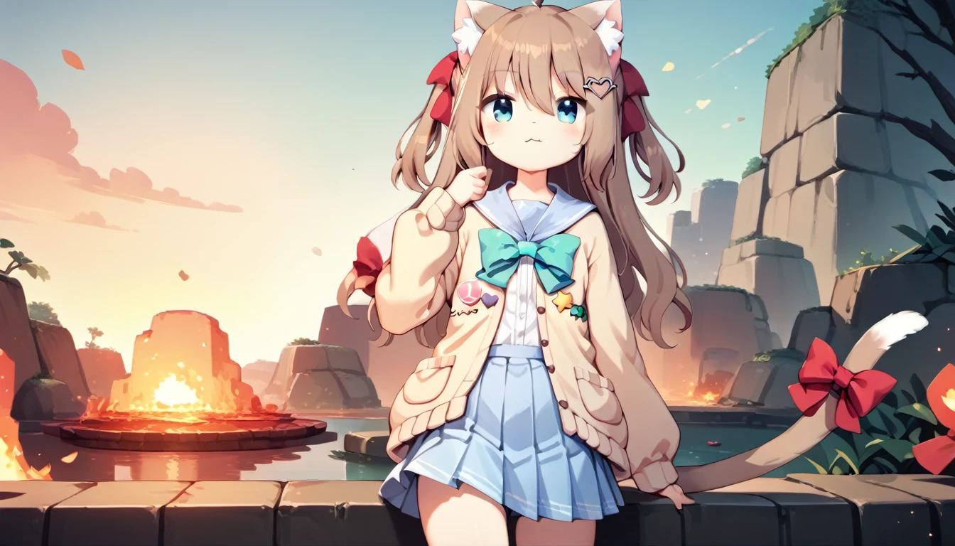 neuro_cloth,One,shirt,closed mouth,heart,cat girl,sleeves above the wrists,:3,I look at the viewer,blush,Very long hair,puffy long sleeves,smile,puffy sleeves,hand up,sunset,on open air,fire,check_9,check_8_up,check_7_up,check_6_up,check_5_up,check_4_up,