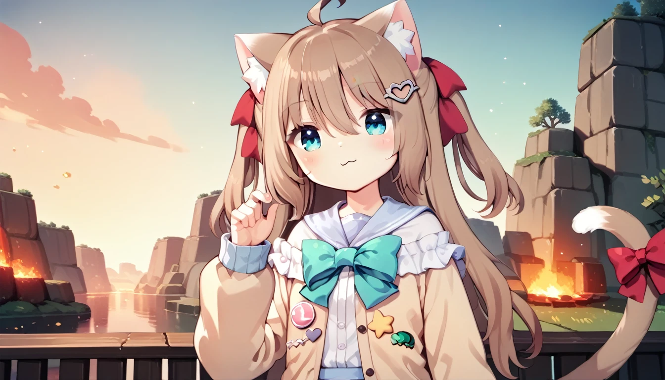 neuro_cloth,One,shirt,closed mouth,heart,cat girl,sleeves above the wrists,:3,I look at the viewer,blush,Very long hair,puffy long sleeves,smile,puffy sleeves,hand up,sunset,on open air,fire,check_9,check_8_up,check_7_up,check_6_up,check_5_up,check_4_up,