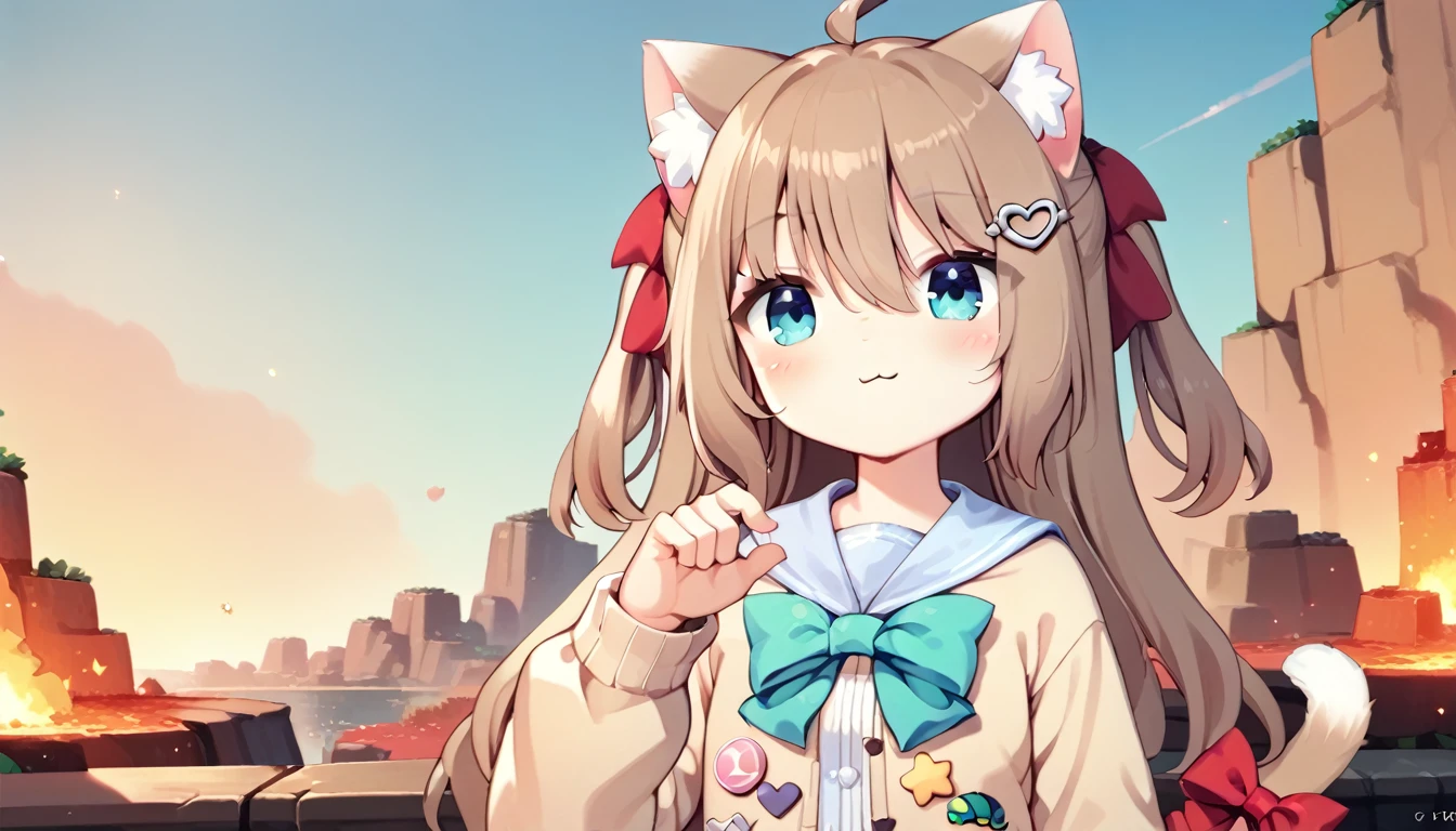 neuro_cloth,One,shirt,closed mouth,heart,cat girl,sleeves above the wrists,:3,I look at the viewer,blush,Very long hair,puffy long sleeves,smile,puffy sleeves,hand up,sunset,on open air,fire,check_9,check_8_up,check_7_up,check_6_up,check_5_up,check_4_up,