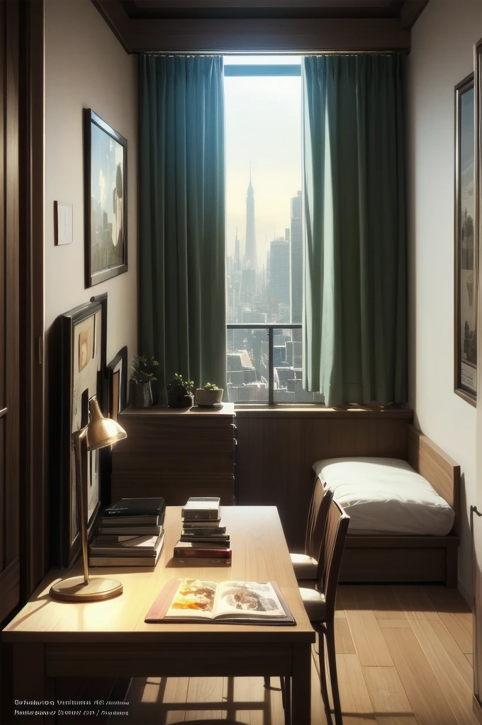 photo a girl in a home environment, home light clothes, high detail background in the bedroom. evening tones, light from a table lamp, outside the window panorama of the night city. realistic shaded lighting poster by craig mullins, artgerm, jeremy lipkin and michael garmash, unreal engine, radiant light, detailed and intricate environment, 8k, hdr, award winning, trending on art station, smooth render, low camera angle, 50 mm