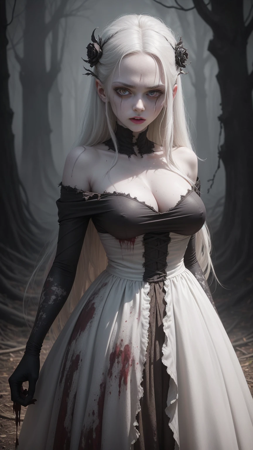 A very pale humanoid character, with red eyes, her name is (The Englewood Witch), she is crazy, nuts, horror, she is creepy, she is busty, scary, shock value, very evil, she is curvy, evoke, fear, terror, dread, decay, disgust, she is a Psycho, dark, unusually thin, thin, scraggly, emaciated, twisted, frightening, sick, dark background, long white_dress, gore, bloody_hands, solo, close up, (messy_long_dark_hair), fog, evil eyes, eyes glowing, fire in the background, (she is wearing a very dirty old torn_white_dress), covered in slugs