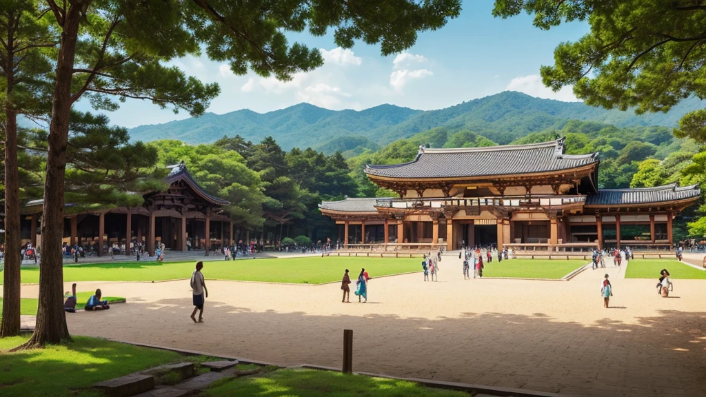 There are lots of people walking in the park, Parks and public spaces, Scenery of Nara Town, Todaiji Temple in the background,Great Buddha of Nara Simple illustration, Flat Illustration, Detailed 2D illustrations, Detailed illustrations, sunny day, Graphic Illustration