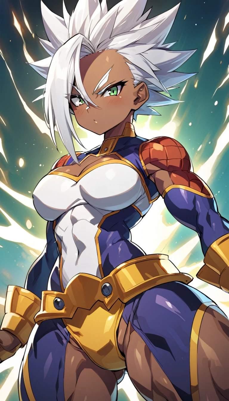 a girl, Saiyan, spiky white hair, green eyes, ripped muscles, thin waist, wide hips, Dragon Ball Z universe, dark skin color, medium breasts, tight-fitting clothes, white shirt,
