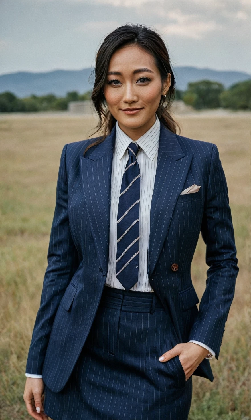 a beautiful picture of fukuharaXL ,woman,detailed skin texture,masterpiece, photorealistic, light, RAW color photo,(fully in frame:1.1), (blush:0.5), (goosebumps:0.5),(((navy pinstripe silk skirt suit))), (((three-piece suit))), (((dress shirt))), (((necktie))), (((blazer))), (((suit jacket))), ((waistcoat)), double-breasted waistcoat, (((bodycon miniskirt))), pocket square, cufflinks, tie clip,detailed face,outdoors, (smile:0.5), film grain,cinematic lightning,fujifilm ,detailed eyes,camera, smile