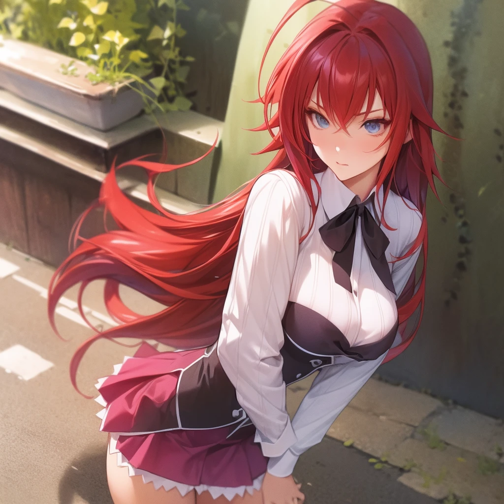 masterpiece, best quality, high quality, highres, outdoors, day, upper body, looking at viewer, solo, focused, BREAK, ANIME_DxD_Rias_Gremory_ownwaifu, 1girl, bangs, long hair, red hair, breasts, large breasts, rias gremory, blue eyes, hair between eyes, very long hair, collarbone, hair intakes, hair over breasts, black capelet, black corset, collared shirt, kuoh academy , layered skirt, underbust, , skirt, shirt, long sleeves, purple skirt, ribbon, miniskirt, neck ribbon, thighhighs, black ribbon, ecchi, after sex, clothed after sex
