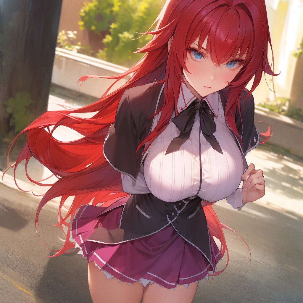 masterpiece, best quality, high quality, highres, outdoors, day, upper body, looking at viewer, solo, focused, BREAK, ANIME_DxD_Rias_Gremory_ownwaifu, 1girl, bangs, long hair, red hair, breasts, large breasts, rias gremory, blue eyes, hair between eyes, very long hair, collarbone, hair intakes, hair over breasts, black capelet, black corset, collared shirt, kuoh academy , layered skirt, underbust, , skirt, shirt, long sleeves, purple skirt, ribbon, miniskirt, neck ribbon, thighhighs, black ribbon, ecchi, after sex, clothed after sex
