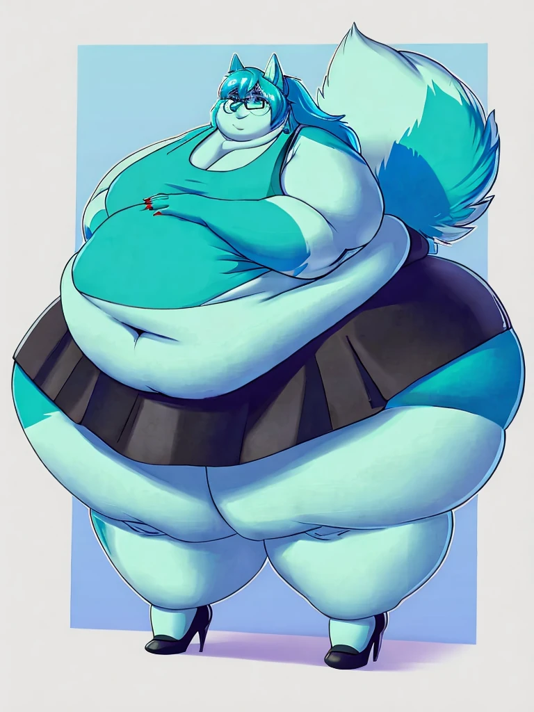 Malamute, female, long cyan hair, huge breasts, huge hips, huge thighs, plump, voluptuous, morbidly obese, feminine, gorgeous, beautiful, eyelashes, fat arms, fat legs, fat neck, chubby cheeks, double chin,tank top, black skirt,cyan hair, cyan fur, cyan eyes, pear-shapped figure, claws,cyan claws simple background, rectangular glasses , , fullbody, graceful,cyan eyes, bottom heavy tufy of hair on eye, big belly, high heels
