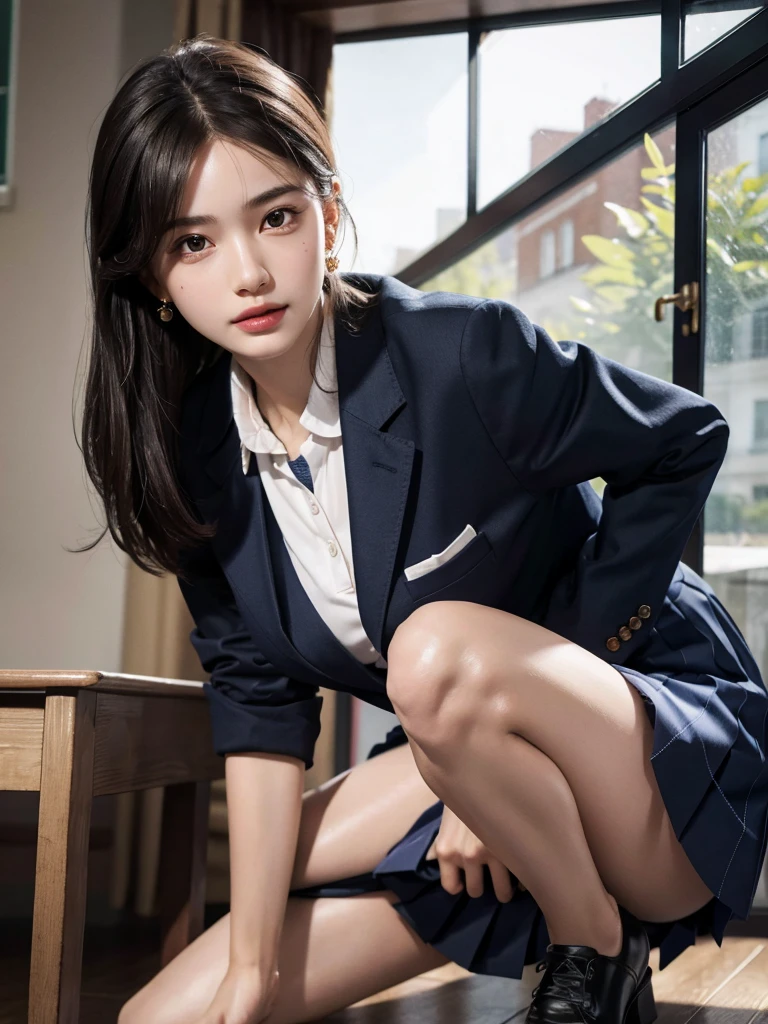 absurdres, RAW photo, extremely delicate and beautiful, masterpiece, Best Quality, ultra high resolution, 32k, hyperrealistic, ultra-detailed, perfect anatomy, super Detailed skin, perfect figure, Super Beauty, Perfect Style, Perfect balance, 20 years old, very small head, very small face, delicate facial features, detailed face, detailed eyes, tearful mole, earring, very huge round breasts, legs, medium hair, full body shot, indoor, ((school_uniform)), blazer, wet clothes,