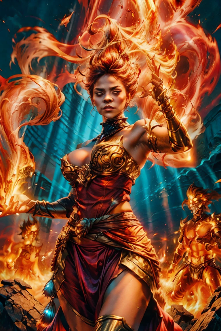 (fire element:1.1),It consists of the fire element, naked curvy hourglass woman,(1 huge breasts:1.2),burning,Transparency,fiery,(Molten rock),flame skin,frame print,fiery hair,to smoke,cloud,chopped,,girl engulfed in flames, Flames fly up and sparks scatter,Burning hand,translucent luminescence,