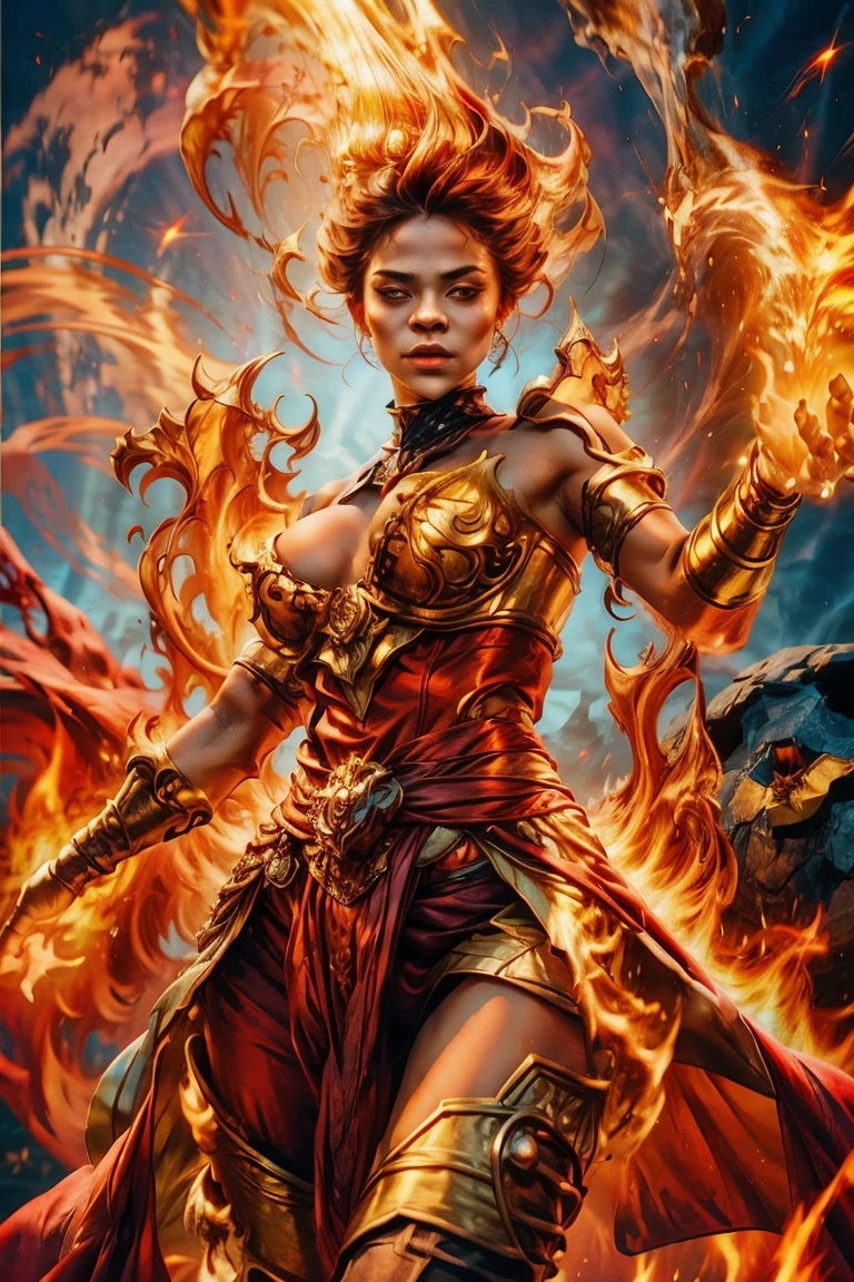 (fire element:1.1),It consists of the fire element, naked curvy hourglass woman,(1 huge breasts:1.2),burning,Transparency,fiery,(Molten rock),flame skin,frame print,fiery hair,to smoke,cloud,chopped,,girl engulfed in flames, Flames fly up and sparks scatter,Burning hand,translucent luminescence,