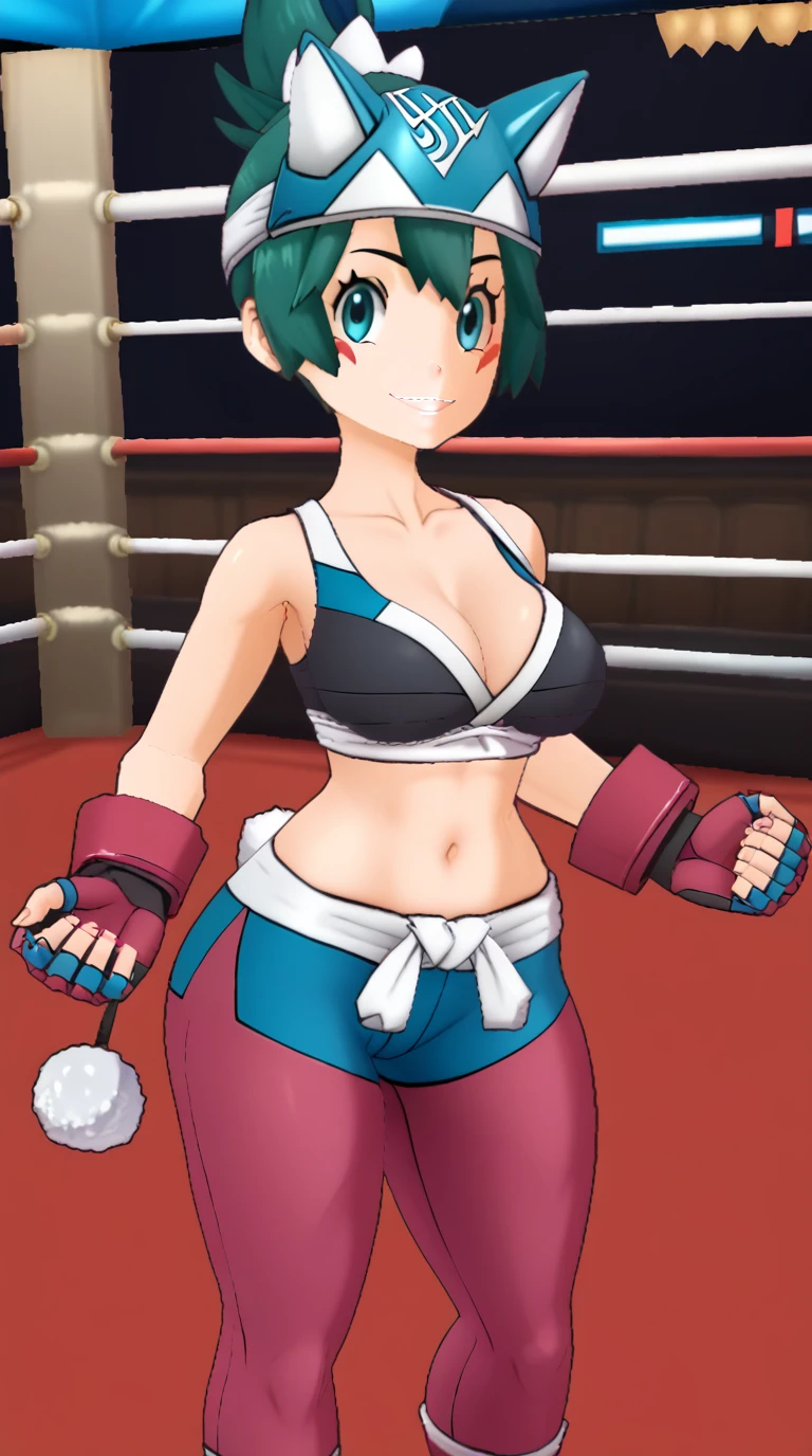 Kiriko, overwatch, Kiriko (overwatch), thick thighs, (large breasts), wide hips, small waist, cute face, wearing sports bra with yoga legging and large boxing gloves, standing in wrestling ring, seductive smile, smug, teasing pose showing breasts, (((health bar))), looking at viewer, (pov), larger female