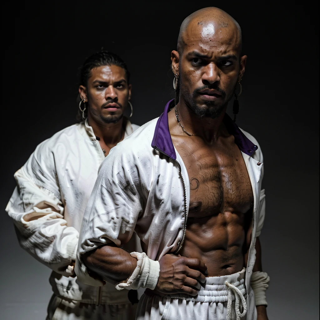 The character stands in full height, arms at his sides, African American, man, bald, angry, wild, blind left eye, broken nose, bearded, earring in his ear, looking menacingly at the camera, in a dirty white and purple tracksuit, contrasting white background, cinematic lighting, digital painting, dramatic, noir style